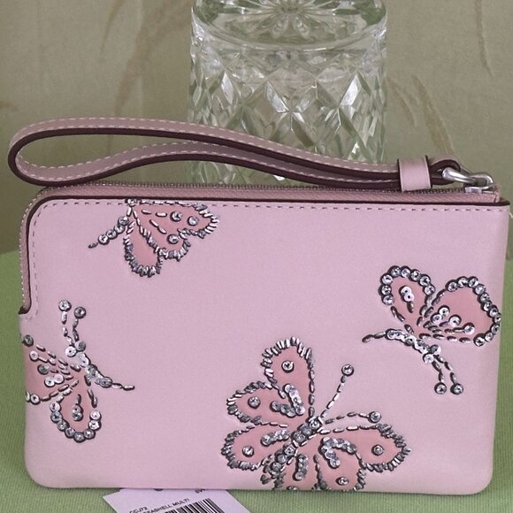 COACH CORNER ZIP WRISTLET LEATHER WITH SPARKLY BUTTERFLY PRINT:NWT CCJ72 - Picture 6 of 11